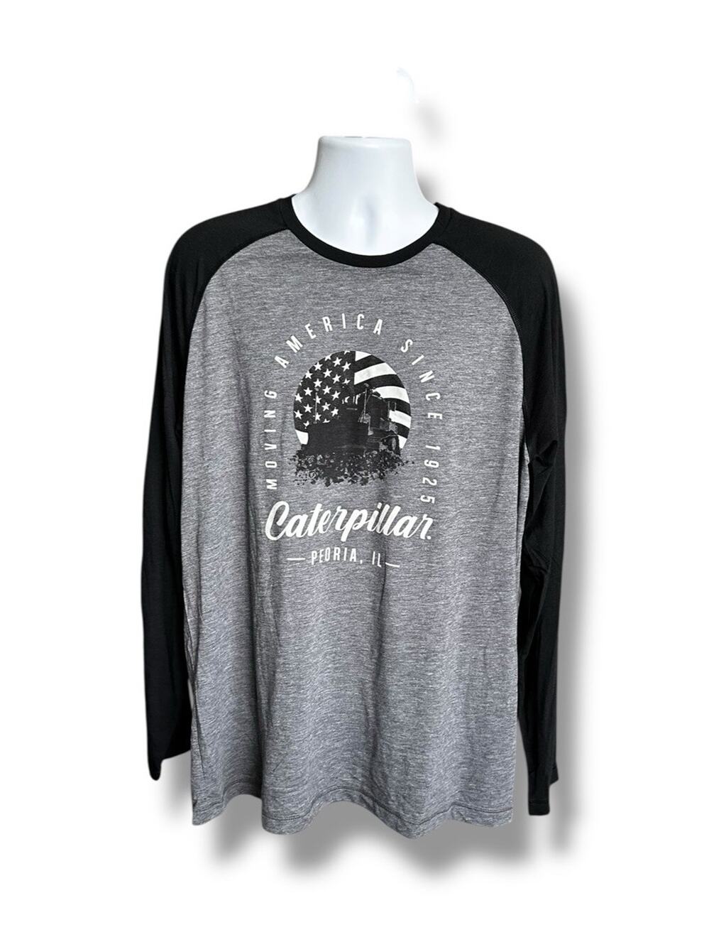 Caterpillar CAT Moving America Since 1925 LS Gray Black Raglan T-shirt XL